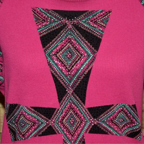 VOCAL Women's M Embellished Cross Waffle Knit Long Sleeve Thermal Biker Top - Picture 3 of 12